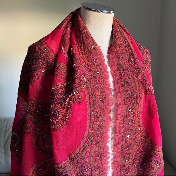 NEW Heirloom Anna Pashmina Shawl Pure Wool Beaded Sequined Embroidered Dark Red - Picture 2 of 16